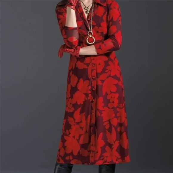 Cabi Long Sleeve Shirt Dress Floral mesh XS 4392 button down red burgundy - Picture 2 of 11